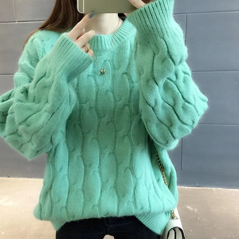 CITSLX Fashion Autumn Winter Blue O-Neck Twisted Sweater Women Loose Long Sleeve Cashmere Pullovers Female Knitted Jumper Tops Female