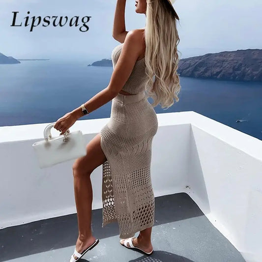 CITSLX Fashion Crochet Knitted Two Piece Set Women Casual Sleeveless Tank Tops + Bodycon Slit Skirt Suit Summer Lady Slim Beach Outfits