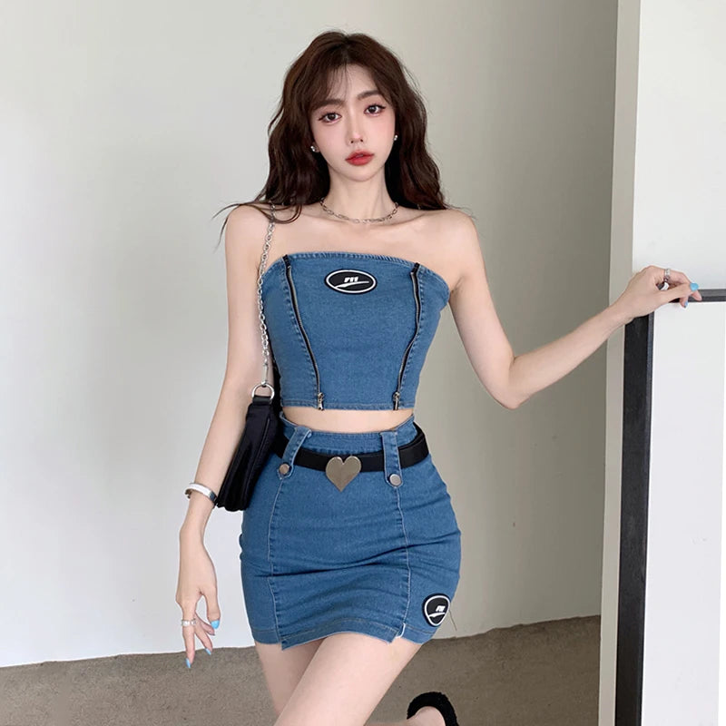 CITSLX Fashion Denim Women's Suit Summer 2024 Set Woman 2 Pieces Strapless Backless Tube Top And Mini Bodycon skirt Female Set Outifits