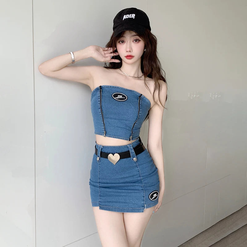 CITSLX Fashion Denim Women's Suit Summer 2024 Set Woman 2 Pieces Strapless Backless Tube Top And Mini Bodycon skirt Female Set Outifits