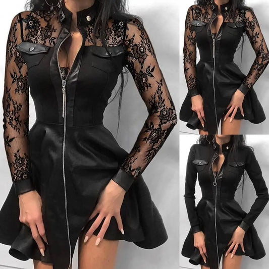 CITSLX Fashion Dresses Women Lace Long Sleeve Zipper Pocket Large Hem Faux Leather Mini Dress Party elegant slim Sexy Women Dress