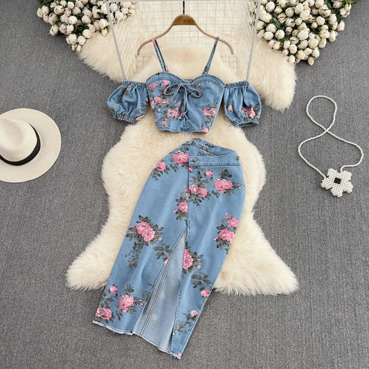 CITSLX Fashion Floral Print Denim Skirt Set Spaghetti Strap Crop Tops Irregular Slim Split Skirt Summer Women 2Pcs Suits