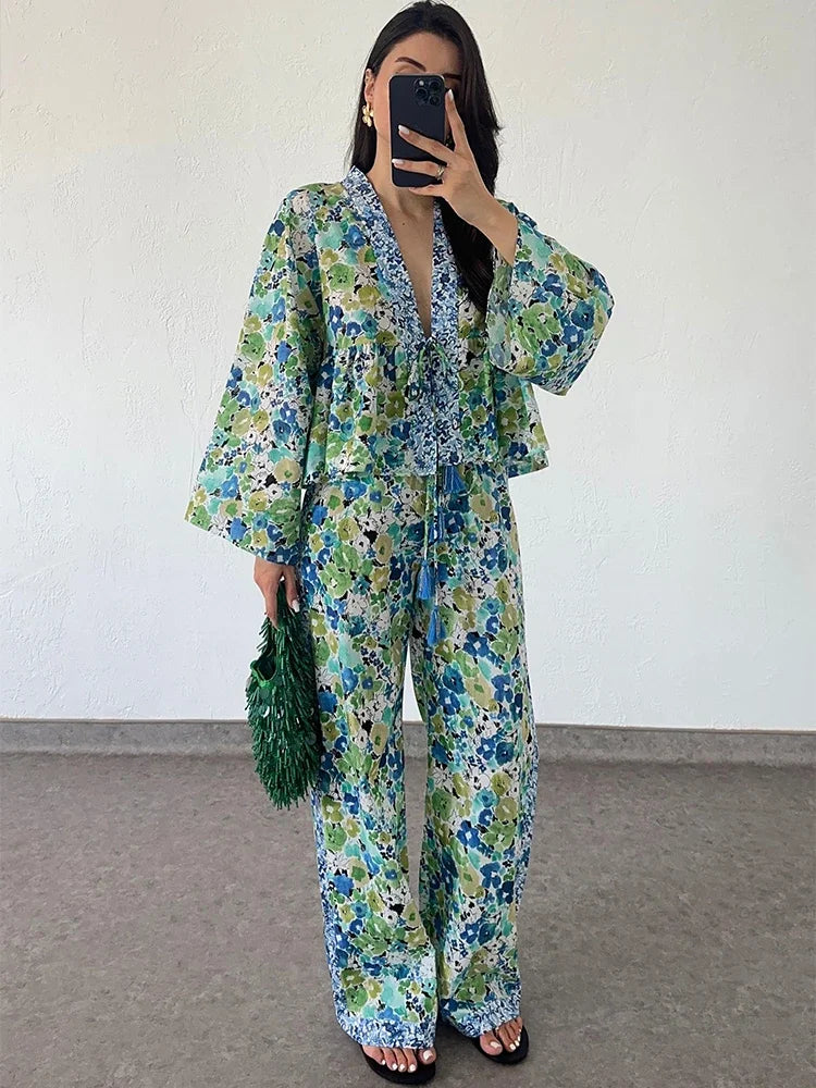 CITSLX Fashion Floral Printed Long Pant Set for Women Chic Lace Up Long Sleeve Shirt Loose Wide Leg Trousers 2024 Autumn Female Suit