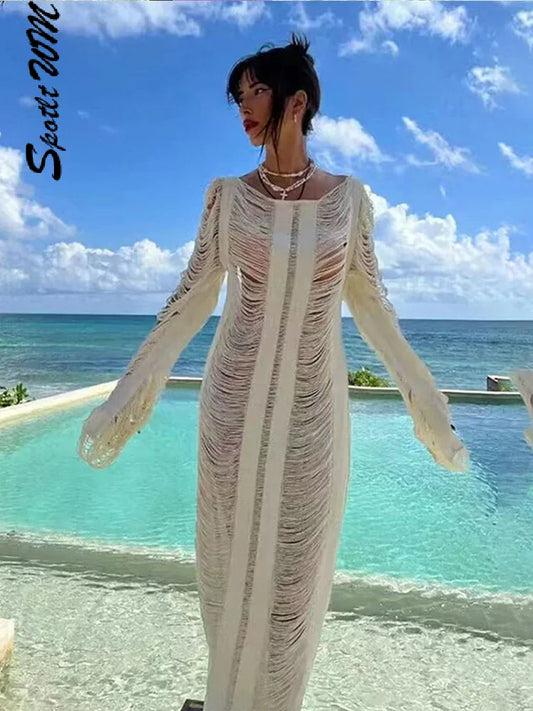 CITSLX Fashion Hollow Out Knitted Maxi Dress For Women Casual Loose O Neck Backless Long Sleeve Dresses 2024 New Lady Beach Party Robes