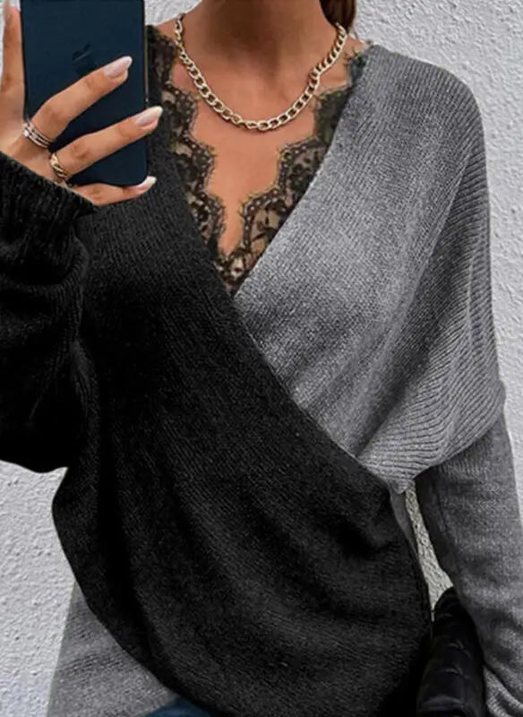 CITSLX Fashion Lace V-neck Women's Long Sleeve Knitted Autumn Temperament Sweater Color Matching Loose Pullover Women Personality Top