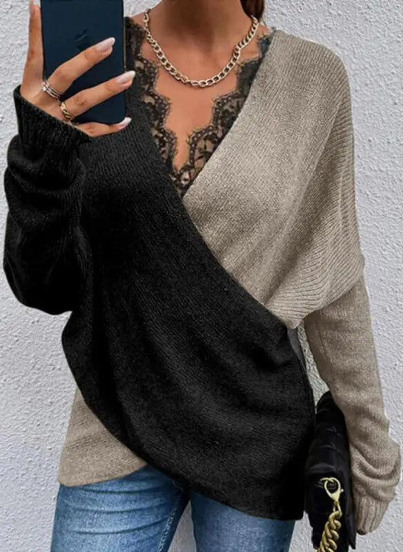 CITSLX Fashion Lace V-neck Women's Long Sleeve Knitted Autumn Temperament Sweater Color Matching Loose Pullover Women Personality Top