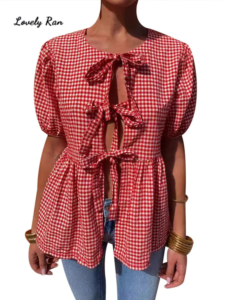 CITSLX Fashion Laced Up Bow Plaid Women Shirt Casual Hollow Out O-neck Female Shirt 2024 Spring Summer Pleated Elegant Lady Outwear