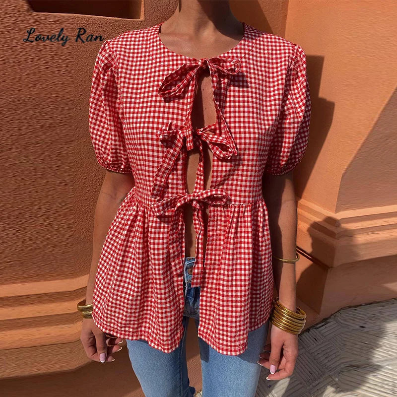 CITSLX Fashion Laced Up Bow Plaid Women Shirt Casual Hollow Out O-neck Female Shirt 2024 Spring Summer Pleated Elegant Lady Outwear