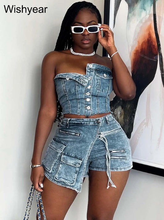 CITSLX Fashion Pocket Irregular Shorts and Tube Tops 2 Two Piece Sets Denim Stretch Women Summer Birthday Club Outfit Female Streetwear