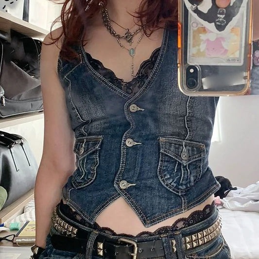 CITSLX Fashion Retro Y2K Denim Vest V Neck Button Pocket Slim Short Denim Vest Women's Sleeveless Denim Jacket Vest Top Streetwear