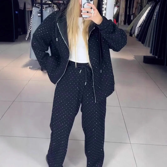 CITSLX Fashion Rhinestone Sweatshirt Outfit Casual Women Zipper Coat and Long Pants Sports Suit Autumn Long Sleeved Loose Two Piece Set