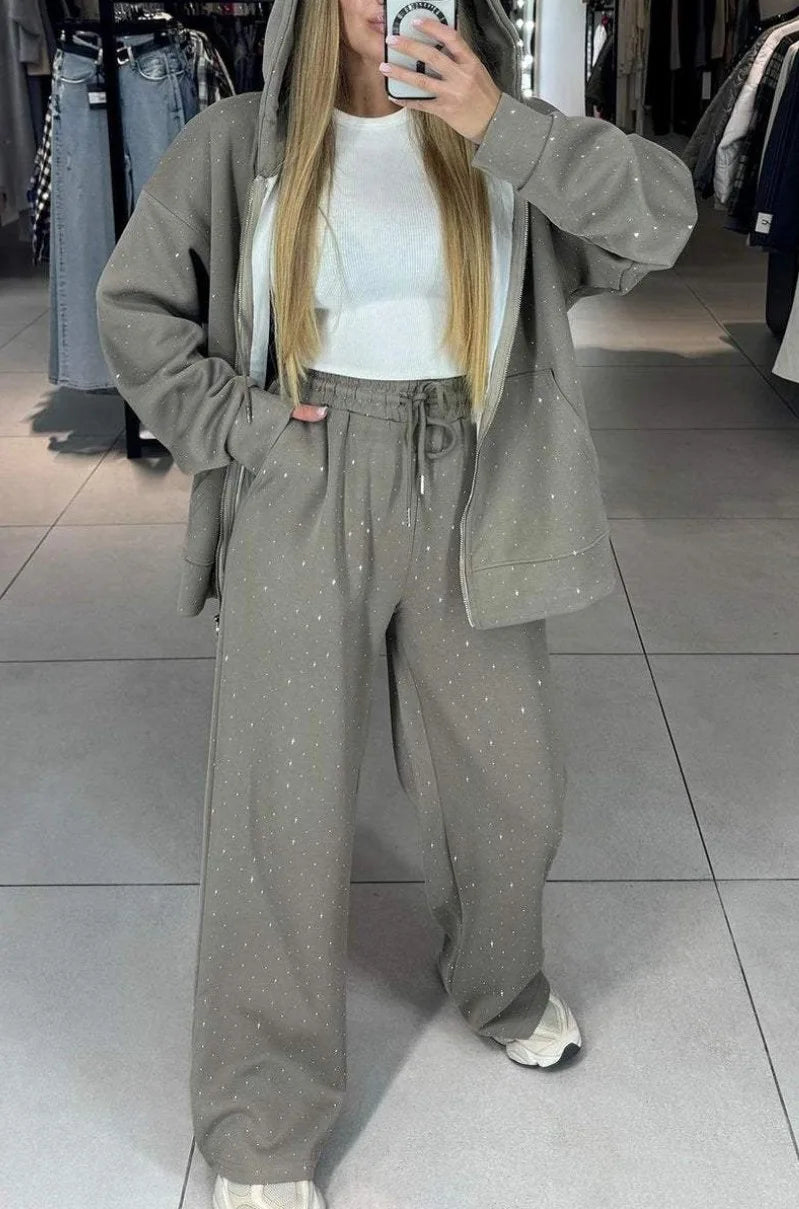 CITSLX Fashion Rhinestone Sweatshirt Outfit Casual Women Zipper Coat and Long Pants Sports Suit Autumn Long Sleeved Loose Two Piece Set