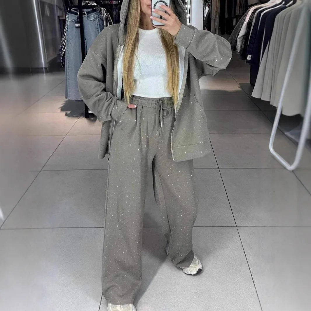 CITSLX Fashion Rhinestone Sweatshirt Outfit Casual Women Zipper Coat and Long Pants Sports Suit Autumn Long Sleeved Loose Two Piece Set