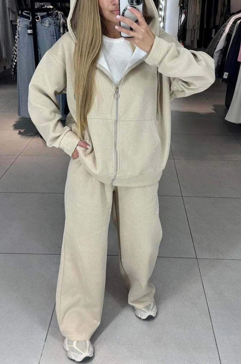 CITSLX Fashion Rhinestone Sweatshirt Outfit Casual Women Zipper Coat and Long Pants Sports Suit Autumn Long Sleeved Loose Two Piece Set