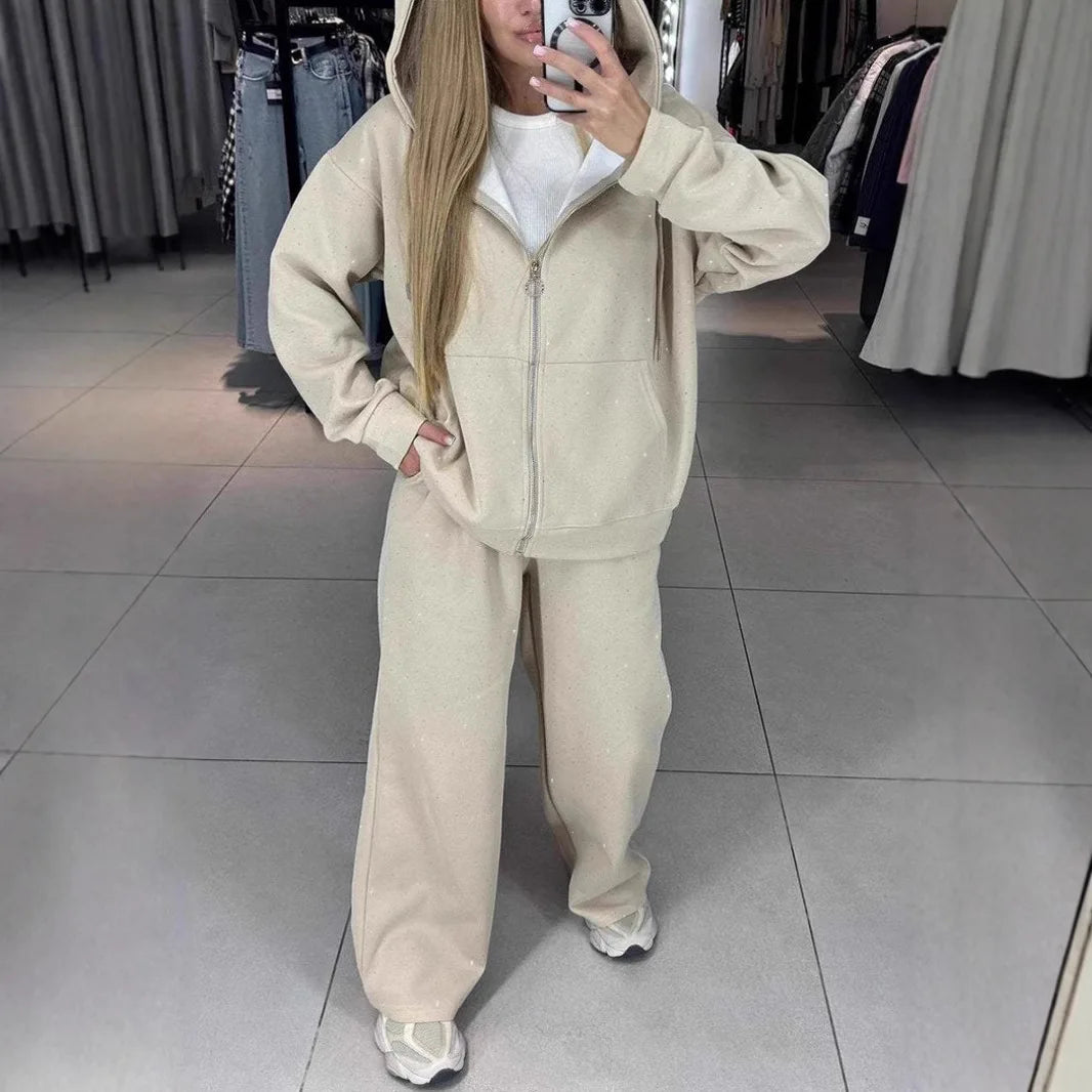 CITSLX Fashion Rhinestone Sweatshirt Outfit Casual Women Zipper Coat and Long Pants Sports Suit Autumn Long Sleeved Loose Two Piece Set