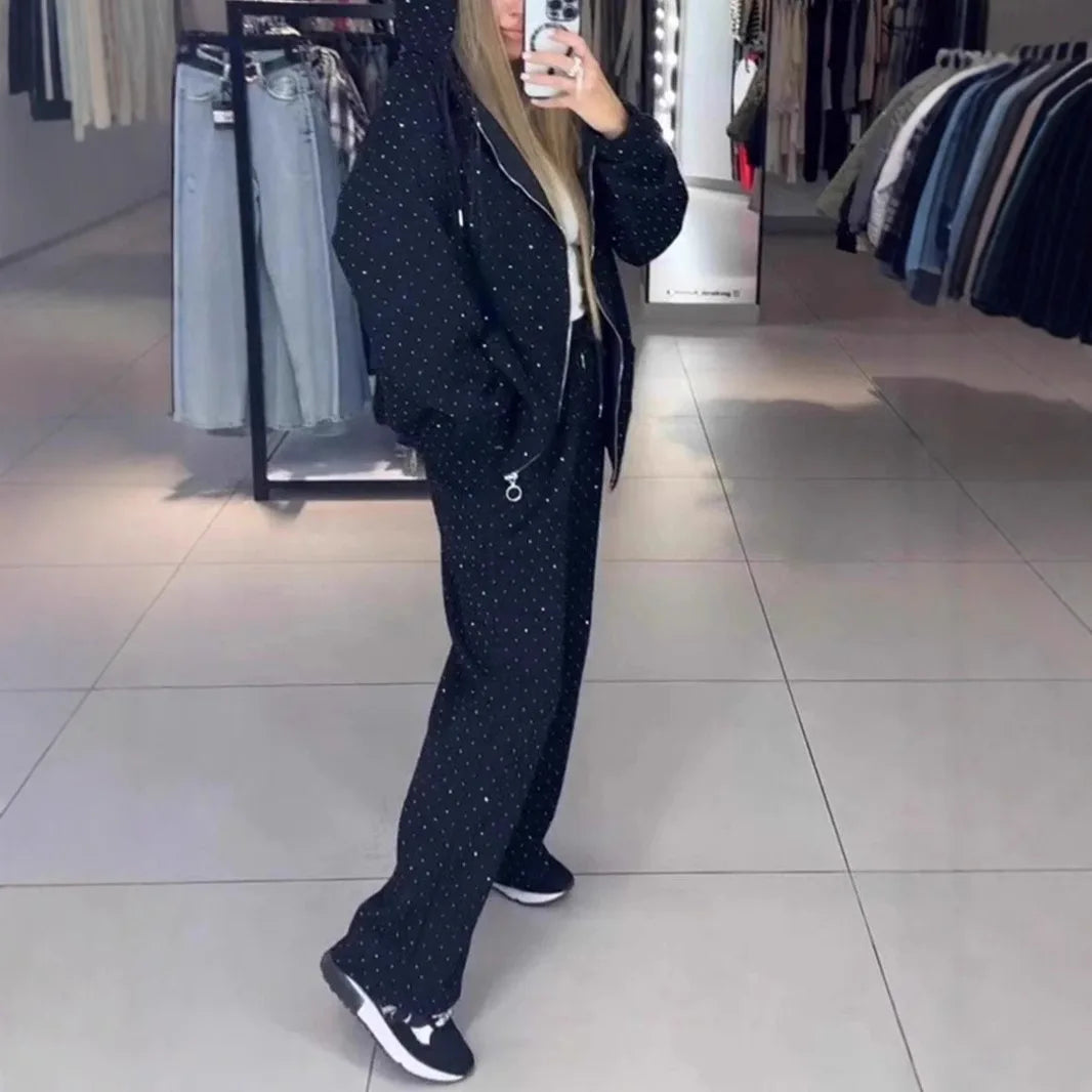 CITSLX Fashion Rhinestone Sweatshirt Outfit Casual Women Zipper Coat and Long Pants Sports Suit Autumn Long Sleeved Loose Two Piece Set