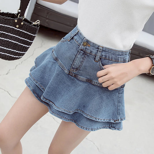 CITSLX Fashion Ruffles Denim Skirts Summer Women High Waist Lined Jean Mini Skirts Casual Solid Korean Girls Skirts