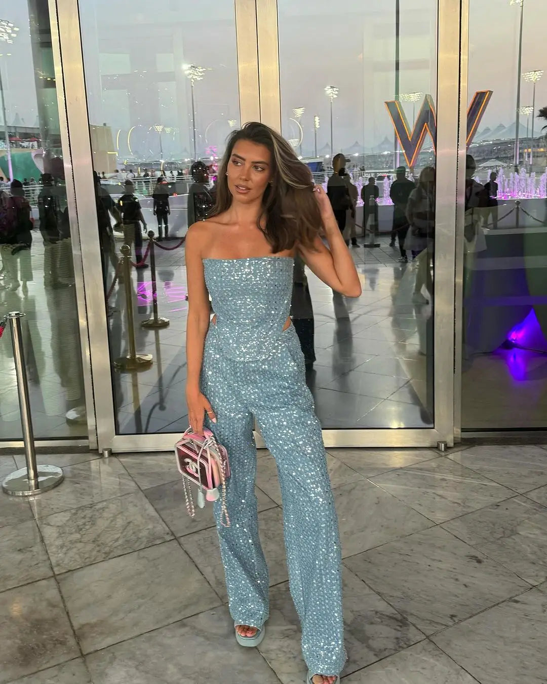 CITSLX Fashion Sequins Denim Set Women Strapless Tunic Waist Crop Top and Wide Leg Pant Suit 2024 New 2 Piece Sets Outfits Tracksuit