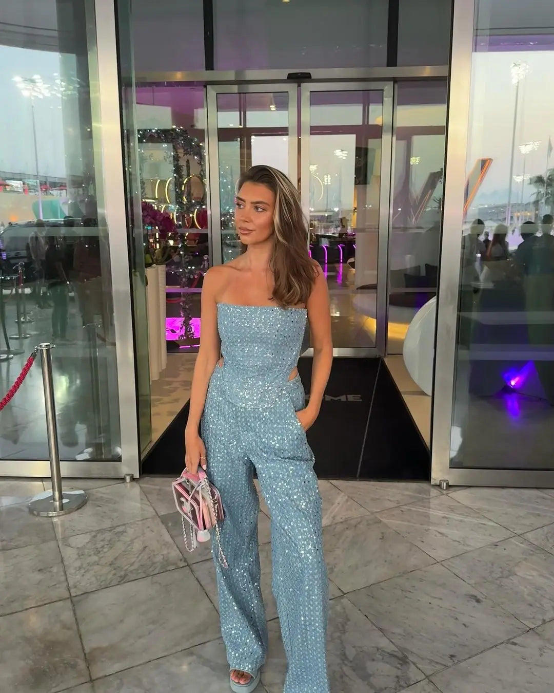 CITSLX Fashion Sequins Denim Set Women Strapless Tunic Waist Crop Top and Wide Leg Pant Suit 2024 New 2 Piece Sets Outfits Tracksuit