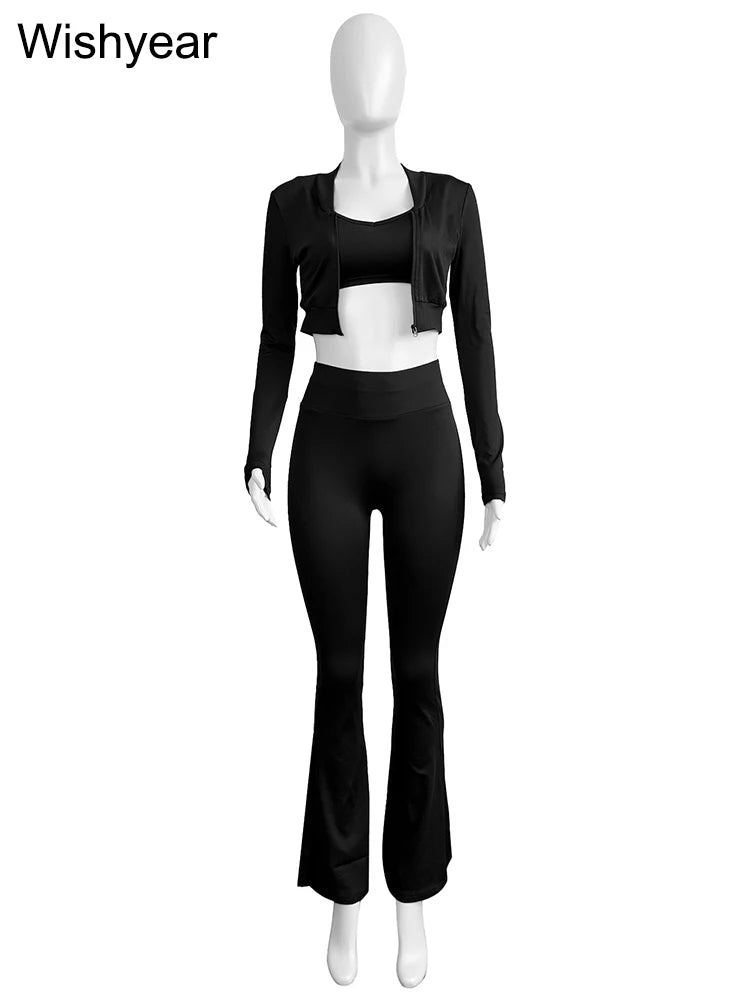 CITSLX Fashion Solid 3 Pieces Sets Women Long Sleeve Crop Tops+Tanks+Flare Pants Active Fitness  Jogging Tracksuits Streetwear Outfits