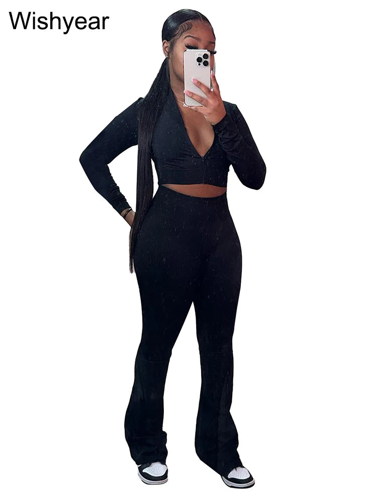 CITSLX Fashion Solid 3 Pieces Sets Women Long Sleeve Crop Tops+Tanks+Flare Pants Active Fitness  Jogging Tracksuits Streetwear Outfits