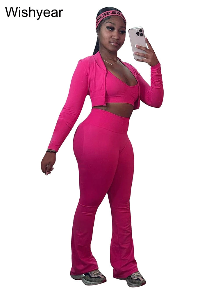 CITSLX Fashion Solid 3 Pieces Sets Women Long Sleeve Crop Tops+Tanks+Flare Pants Active Fitness  Jogging Tracksuits Streetwear Outfits