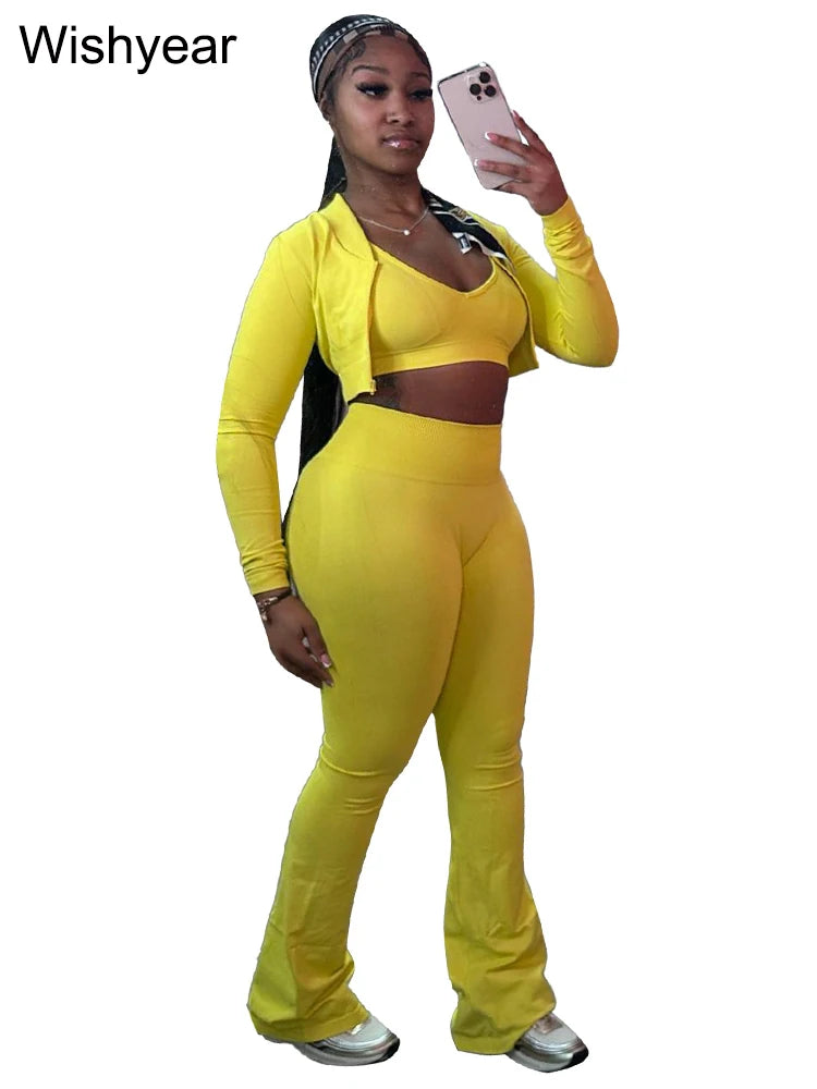 CITSLX Fashion Solid 3 Pieces Sets Women Long Sleeve Crop Tops+Tanks+Flare Pants Active Fitness  Jogging Tracksuits Streetwear Outfits