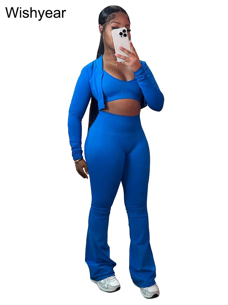 CITSLX Fashion Solid 3 Pieces Sets Women Long Sleeve Crop Tops+Tanks+Flare Pants Active Fitness  Jogging Tracksuits Streetwear Outfits