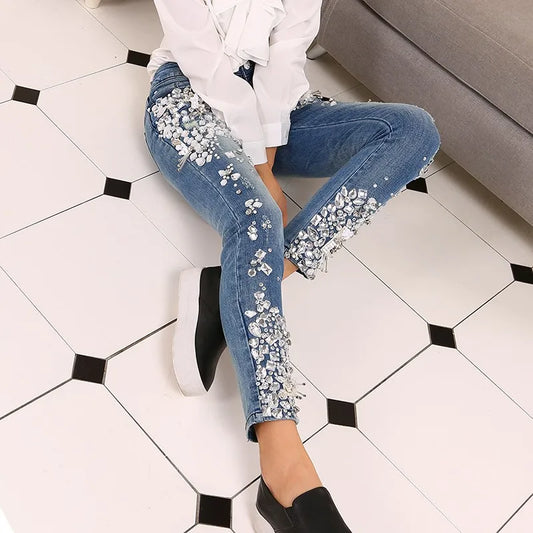 CITSLX Fashion Vintage Women Luxury Embroidered Flares Diamond Denim Jeans Women Beaded Skinny Slim Fit Stretch Pencil Pants Trousers