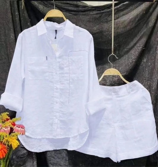 CITSLX Fashion White Long Sleeve Shirt And Shorts Two Piece Sets Women 2024 Summer Cotton Linen Casual Home 2 Piece Set For Women Suit