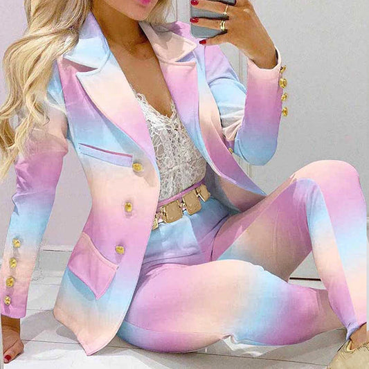 CITSLX Fashion Women Jacket + Pants 2 Piece Set Spring New Button Long Sleeve Turn-down Collar Print Suit Casual Blazer Versatile Set