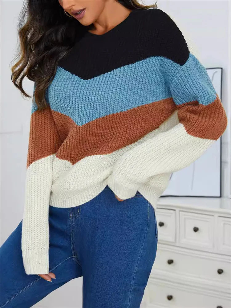 CITSLX Fashion Women Sweater Winter Autmn Casual O Neckl Splicing Color Long Sleeve Knitwear Streetwear Striped Pullover Tops Jumpers