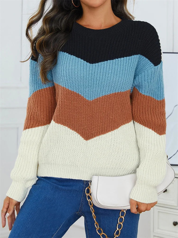 CITSLX Fashion Women Sweater Winter Autmn Casual O Neckl Splicing Color Long Sleeve Knitwear Streetwear Striped Pullover Tops Jumpers