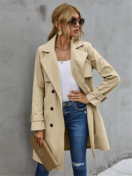 CITSLX Fashion Women Trench Casual Solid Color Coat Adult Elagant Fashion Long Sleeve Lapel Neck Double Breasted Belted Coat For Female