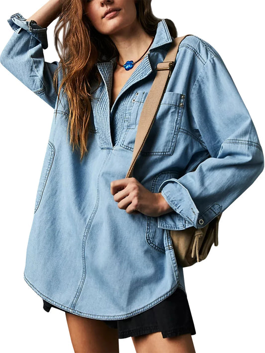 CITSLX Fashion Women's Denim Shirt Casual Button V Neck Blouse Loose Fitting Long Sleeves Woman Jean Blouses And Shirts Top With Pocket