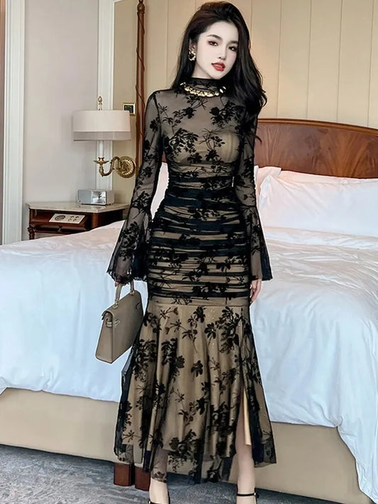 CITSLX French Elegant Prom Evening Long Dress Woman Retro Black Perspective Elastic Folds Wrap Hip Fishtail Robe Female Party Vestidos