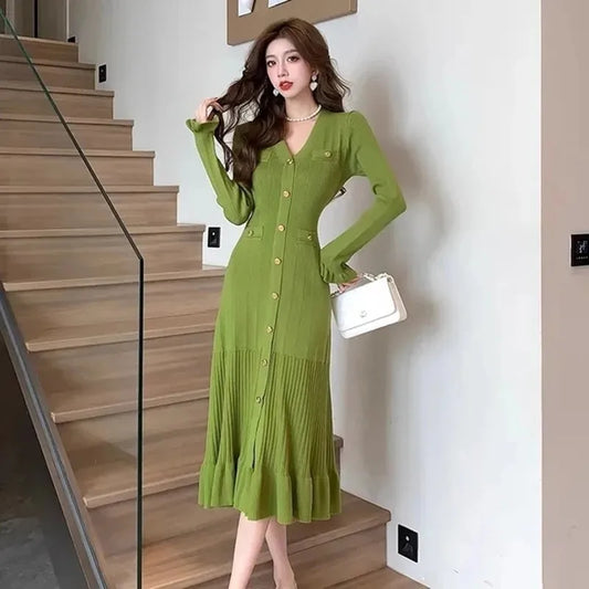 CITSLX French Fashion Green Knitted Ruffles Dress Women 2024 Spring Elegant V Neck Single Breasted Slim Mid Length Sweater Party Dress