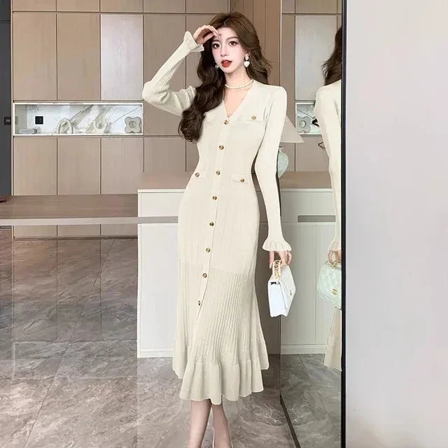 CITSLX French Fashion Green Knitted Ruffles Dress Women 2024 Spring Elegant V Neck Single Breasted Slim Mid Length Sweater Party Dress