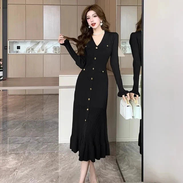 CITSLX French Fashion Green Knitted Ruffles Dress Women 2024 Spring Elegant V Neck Single Breasted Slim Mid Length Sweater Party Dress