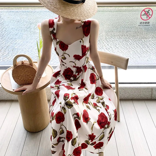 CITSLX French Seaside Holiday Romantic Rose Long Skirt Fairy Dress Thin Sleeveless Hanging Shoulder Floral Vest Skirt for Women