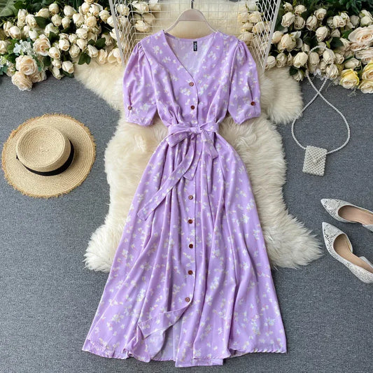 CITSLX French Sweet Floral Dress Women V Neck Puff Sleeve Single-Breasted Belt Dress Summer Bohemian Print A-line Midi Dress