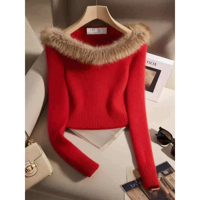 CITSLX Fur Collar Stitched Knitted Sweater Pullover Women's Fall 2024 New Inner Wear Slim Fit Winter Versatile Cropped Top