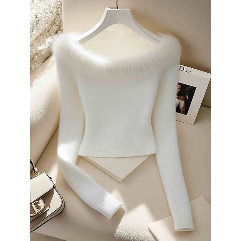 CITSLX Fur Collar Stitched Knitted Sweater Pullover Women's Fall 2024 New Inner Wear Slim Fit Winter Versatile Cropped Top