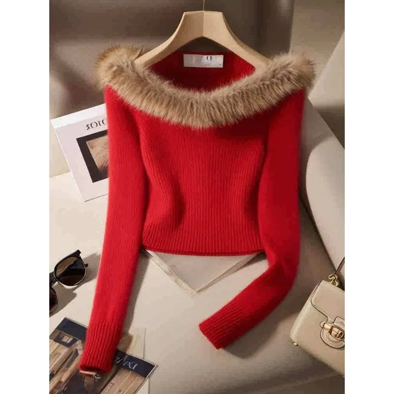 CITSLX Fur Collar Stitched Knitted Sweater Pullover Women's Fall 2024 New Inner Wear Slim Fit Winter Versatile Cropped Top