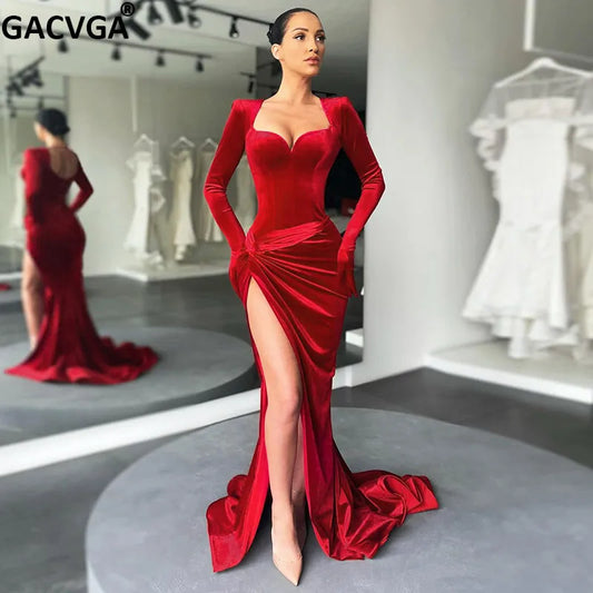 CITSLX GACVGA Elegant Long Dress Evening Party Gown Outfits Women Gloves Sleeve Red Velvet Sexy Slit Maxi Dresses Bridesmaid Vestidos