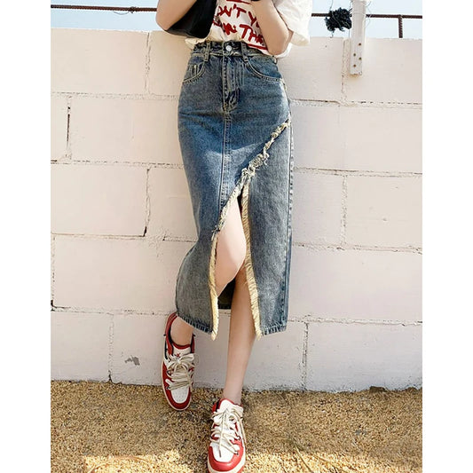 CITSLX GIDYQ High Waist Women Denim Skirt Korean Fashion Tassel Slit Midi Skirts Y2K Casual Female Streetwear Jeans Summer New