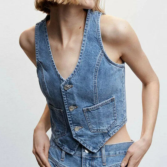 CITSLX Gaono Women Denim Vest Sleeveless Crop Tops Button Denim Gilet Jacket Casual V Neck Jean Waistcoat Y2K Streetwear