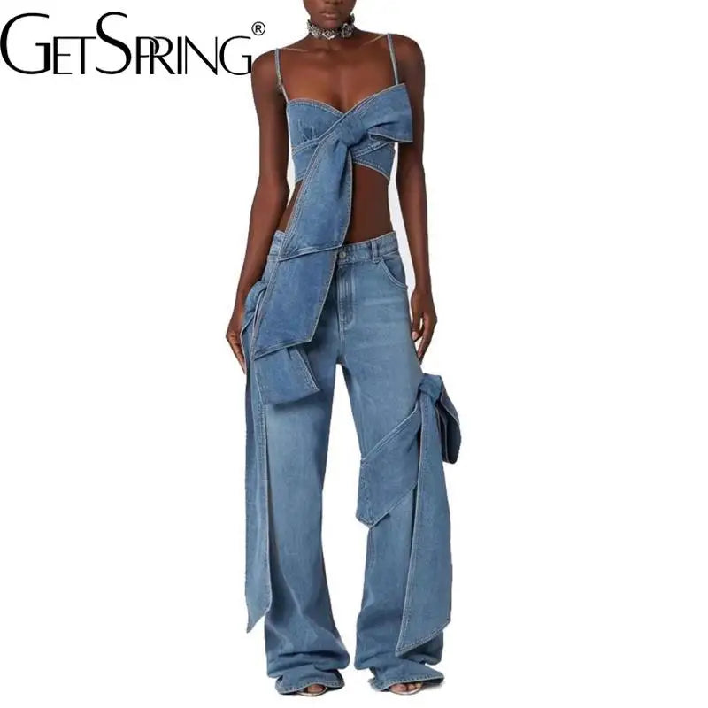 CITSLX GetSpring Women Denim Pants Sets 2024 Vintage 3D Bow Strapless Backless Sexy Crop Tops Straight Wide Leg Jeans Two Pieces Sets