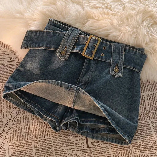 CITSLX Gidyq Vintage Women Denim Mini Skirts Summer Solid Belt Sexy Jeans Skirts Female Casual Ball Gown Korean Slim A Line Skirts New