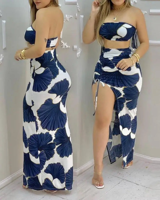 CITSLX Ginkgo Print Bandeau Crop Top & Drawstring High Slit Skirt Set Two Peice Set for Women Casual New Fashion 2024 Summer Sexy